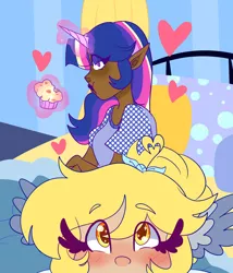 Size: 1280x1497 | Tagged: artist:cubbybatdoodles, bed, blushing, dark skin, derpibooru import, derpy hooves, ditzy doo, eating, elf ears, female, food, heart, horn, horned humanization, human, humanized, magic, muffin, safe, selfie, twilight sparkle, unicorns as elves, wing ears