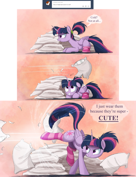 Size: 2000x2611 | Tagged: dead source, safe, artist:ncmares, derpibooru import, edit, twilight sparkle, twilight sparkle (alicorn), alicorn, pony, ask majesty incarnate, alternate hairstyle, ask, badass, badass adorable, bucking, clothes, comic, cute, female, floppy ears, frown, glare, gritted teeth, kicking, mare, ncmares is trying to murder us, pillow, pillow fight, ponytail, prone, smiling, smirk, socks, striped socks, truth, tumblr, twiabetes, wide eyes