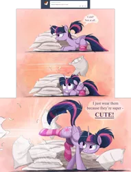 Size: 2000x2611 | Tagged: dead source, safe, artist:ncmares, derpibooru import, edit, twilight sparkle, twilight sparkle (alicorn), alicorn, pony, ask majesty incarnate, alternate hairstyle, ask, badass, badass adorable, bucking, clothes, comic, cute, female, floppy ears, frown, glare, gritted teeth, kicking, mare, ncmares is trying to murder us, pillow, pillow fight, ponytail, prone, smiling, smirk, socks, striped socks, truth, tumblr, twiabetes, wide eyes