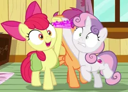 Size: 1227x883 | Tagged: safe, derpibooru import, screencap, apple bloom, scootaloo, sweetie belle, pony, the last crusade, bag, cropped, cutie mark crusaders, legs tied, saddle bag