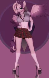 Size: 2159x3430 | Tagged: 3d, alicorn, alicorn oc, anthro, anthro oc, artist:helioseusebio, belly button, clothes, derpibooru import, female, gradient background, high heels, horn, magical lesbian spawn, magical threesome spawn, midriff, oc, oc:shimmering spectacle, offspring, platform heels, safe, schoolgirl, school uniform, sexy, shoes, unofficial characters only, wings