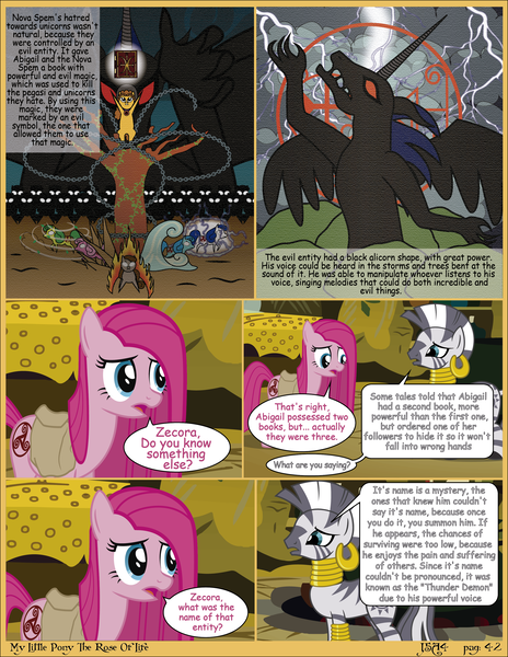 Size: 2550x3300 | Tagged: semi-grimdark, artist:j5a4, derpibooru import, pinkie pie, zecora, oc, oc:abigail, earth pony, pony, zebra, comic:the rose of life, comic, female, mare, pinkamena diane pie