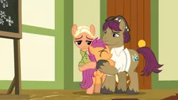 Size: 1920x1080 | Tagged: safe, derpibooru import, screencap, mane allgood, scootaloo, snap shutter, earth pony, pegasus, pony, the last crusade, clothes, cutie mark, eyes closed, family, father and child, father and daughter, female, filly, foal, hat, hug, long time no see, male, mare, mother and child, mother and daughter, ponyville schoolhouse, scootaloo's parents, scootalove, shirt, stallion, the cmc's cutie marks, trio