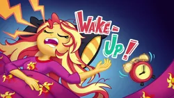 Size: 1280x720 | Tagged: safe, derpibooru import, screencap, sunset shimmer, equestria girls, equestria girls series, wake up!, spoiler:choose your own ending (season 2), spoiler:eqg series (season 2), clothes, cute, cyoa, drool, pajamas, shimmerbetes, sleeping, snoring, title card