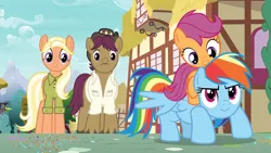 Size: 1920x1080 | Tagged: safe, derpibooru import, screencap, mane allgood, rainbow dash, scootaloo, snap shutter, pegasus, pony, the last crusade, clothes, female, filly, foal, hat, male, mare, ponies riding ponies, quartet, riding, scootalove, shirt, siblings, sisters, stallion