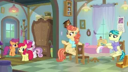 Size: 1920x1080 | Tagged: safe, derpibooru import, screencap, apple bloom, aunt holiday, auntie lofty, scootaloo, sweetie belle, earth pony, pegasus, pony, unicorn, the last crusade, clothes, cutie mark, cutie mark crusaders, female, filly, scarf, sewing machine, sitting, the cmc's cutie marks