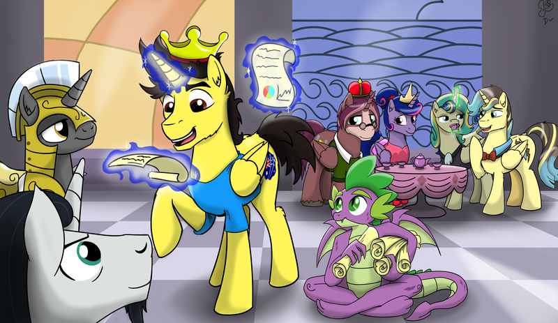 Size: 4142x2397 | Tagged: safe, artist:cactuscowboydan, derpibooru import, chancellor neighsay, spike, oc, oc:king righteous authority, oc:king speedy hooves, oc:queen fresh care, oc:queen galaxia, oc:tommy the human, alicorn, dragon, pony, alicorn oc, canterlot, canterlot castle, clothes, commissioner:bigonionbean, crown, dress, father and child, father and son, female, food, fusion, fusion:king righteous authority, fusion:king speedy hooves, fusion:queen fresh care, fusion:queen galaxia, glasses, hair bun, horn, human oc, husband and wife, jewelry, magic, male, mare, mother and child, mother and son, regalia, royal guard, scroll, shirt, stallion, sweater, tea, winged spike, wings