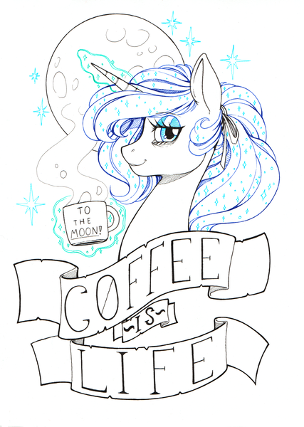 Size: 2417x3399 | Tagged: safe, artist:longinius, derpibooru import, princess luna, alicorn, pony, alternate hairstyle, bags under eyes, bust, coffee mug, female, horn, limited palette, lineart, looking at you, magic, mare, moon, mug, ponytail, portrait, profile, solo, stars, telekinesis, text, tired, to the moon