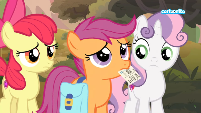 Size: 1366x768 | Tagged: safe, derpibooru import, screencap, apple bloom, scootaloo, sweetie belle, pony, the last crusade, bag, cutie mark crusaders, letter, mail, mouth hold, outdoors, saddle bag