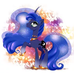 Size: 1180x1162 | Tagged: safe, artist:tiffanymarsou, derpibooru import, princess luna, alicorn, pony, abstract background, curved horn, ethereal mane, female, hoof shoes, horn, mare, raised hoof, solo, starry mane