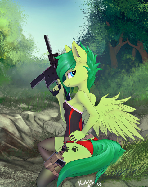 Size: 3190x4009 | Tagged: anthro, anthro oc, artist:rublegun, breasts, clothes, commission, derpibooru import, female, gun, handgun, holster, kriss vector, looking back, mare, oc, oc:evergreen feathersong, outdoors, pegasus, pistol, scenery, solo, solo female, suggestive, trigger discipline, unofficial characters only, weapon, ych result