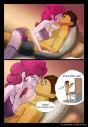 Size: 5197x7465 | Tagged: suggestive, artist:symptom99, derpibooru import, pinkie pie, oc, oc:copper plume, equestria girls, absurd resolution, bathroom, bed, blushing, boob squish, bra, breasts, brush, brushing teeth, butt touch, canon x oc, clothes, comic, commission, commissioner:imperfectxiii, copperpie, crop top bra, female, frilly underwear, glasses, hand on butt, hand on head, holding head, imminent sex, kissing, laughing, male, panties, partial nudity, purple underwear, shipping, socks, stockings, straight, thigh highs, thought bubble, underwear