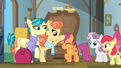 Size: 1920x1080 | Tagged: safe, derpibooru import, screencap, apple bloom, aunt holiday, auntie lofty, scootaloo, sweetie belle, earth pony, pegasus, pony, unicorn, the last crusade, cutie mark, cutie mark crusaders, eyes closed, female, filly, foal, head pat, lesbian, mare, pat, raised hoof, suitcase, the cmc's cutie marks, wing hands, wing hold, wings