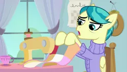 Size: 1920x1080 | Tagged: safe, derpibooru import, screencap, auntie lofty, pegasus, pony, the last crusade, chair, clothes, female, hoof hold, quilt, sewing machine, sitting, solo, sweater, table, window