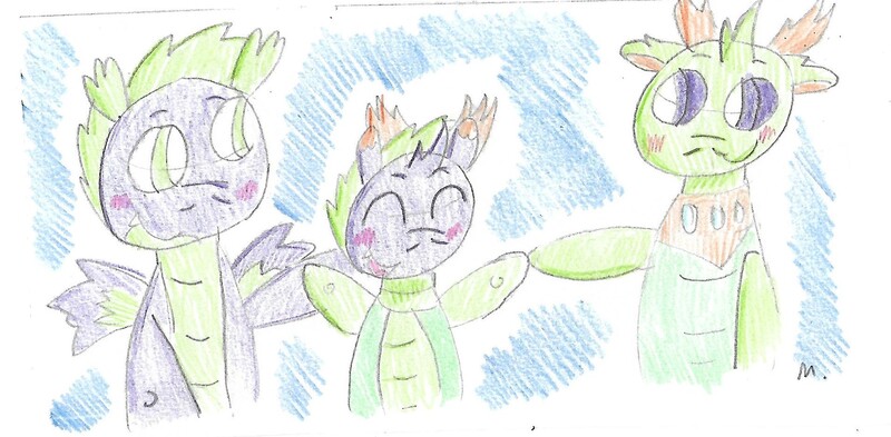 Size: 1909x938 | Tagged: artist:ptitemouette, changedling, changeling, derpibooru import, father and child, father and son, gay, hybrid, interspecies offspring, king thorax, magical gay spawn, male, oc, oc:love bug, offspring, parent:spike, parents:thoraxspike, parent:thorax, safe, shipping, spike, thorax, thoraxspike, traditional art