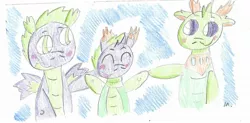 Size: 1909x938 | Tagged: artist:ptitemouette, changedling, changeling, derpibooru import, father and child, father and son, gay, hybrid, interspecies offspring, king thorax, magical gay spawn, male, oc, oc:love bug, offspring, parent:spike, parents:thoraxspike, parent:thorax, safe, shipping, spike, thorax, thoraxspike, traditional art
