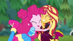 Size: 1280x720 | Tagged: safe, derpibooru import, screencap, pinkie pie, sunset shimmer, equestria girls, equestria girls series, wake up!, spoiler:choose your own ending (season 2), spoiler:eqg series (season 2), boots, clothes, cute, diapinkes, geode of empathy, geode of sugar bombs, hug, magical geodes, shimmerbetes, shoes, sneakers, sugar rush, wake up!: pinkie pie