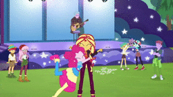 Size: 1280x720 | Tagged: safe, derpibooru import, screencap, duke suave, ink jet, pinkie pie, raspberry lilac, snails, spike, spike the regular dog, sunset shimmer, dog, equestria girls, equestria girls series, wake up!, spoiler:choose your own ending (season 2), spoiler:eqg series (season 2), acoustic guitar, animated, background human, clothes, cool scarf guy, female, guitar, male, musical instrument, nose in the air, scarf, shoes, sneakers, sound, stage, sugar rush, wake up!: pinkie pie, webm