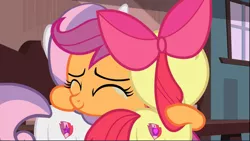 Size: 1669x940 | Tagged: safe, derpibooru import, screencap, apple bloom, scootaloo, sweetie belle, earth pony, pegasus, pony, unicorn, the last crusade, butt, cropped, crying, cutie mark, cutie mark crusaders, female, filly, hug, plot, rear view, smiling, tears of joy, the cmc's cutie marks, trio