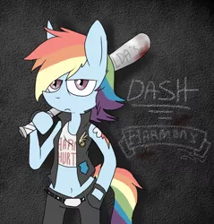 Size: 656x685 | Tagged: artist:lucas47-46, baseball bat, belly button, biker, biker dash, biker jacket, blood, breasts, clothes, cutie mark tattoo, derpibooru import, female, midriff, pegasus, rainbow dash, safe, semi-anthro, solo, tattoo