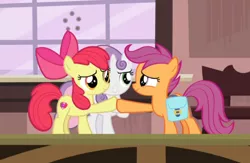 Size: 984x640 | Tagged: safe, derpibooru import, screencap, apple bloom, scootaloo, sweetie belle, earth pony, pegasus, pony, unicorn, the last crusade, bag, cropped, cutie mark, cutie mark crusaders, female, filly, happy, hoofbump, looking at each other, saddle bag, the cmc's cutie marks, trio