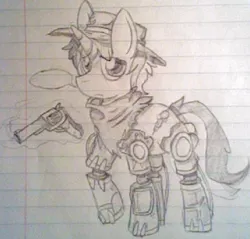 Size: 652x624 | Tagged: safe, artist:lucas47-46, derpibooru import, oc, unofficial characters only, pony, unicorn, fallout equestria, amputee, glowing horn, gun, hat, horn, levitation, lined paper, magic, male, monochrome, prosthetic leg, prosthetic limb, prosthetics, solo, stallion, telekinesis, traditional art, weapon