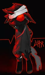 Size: 712x1165 | Tagged: artist:lucas47-46, bandage, bipedal, changeling, clothes, derpibooru import, edgy, edgy as fuck, fangs, male, oc, oc:joshua lierfly, red and black oc, red changeling, safe, solo, torn clothes, unofficial characters only