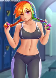 Size: 1810x2501 | Tagged: safe, artist:twistedscarlett60, derpibooru import, rainbow dash, human, :p, adorasexy, alternate hairstyle, beautisexy, belly button, blurred background, blushing, bow, braid, braided pigtails, breasts, busty rainbow dash, clothes, cute, dashabetes, female, hair bow, high res, humanized, locker room, looking at you, midriff, one eye closed, sexy, solo, sports bra, stupid sexy rainbow dash, tongue out, wink