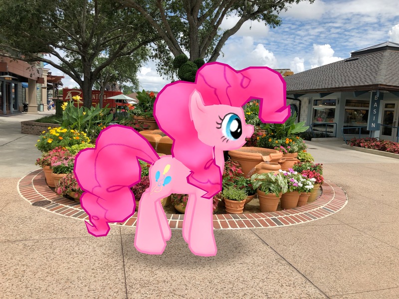 Size: 4032x3024 | Tagged: safe, derpibooru import, photographer:undeadponysoldier, pinkie pie, earth pony, pony, augmented reality, building, bush, disney springs, disney world, downtown disney, female, florida, fountain, gameloft, irl, mare, orlando, photo, ponies in real life, solo, tree, vacation