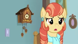 Size: 1920x1080 | Tagged: safe, derpibooru import, screencap, aunt holiday, earth pony, pony, the last crusade, clock, clothes, cuckoo clock, female, scarf, solo