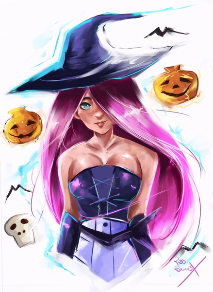 Size: 1356x1853 | Tagged: artist:bunsogen, bare shoulders, breasts, clothes, corset, derpibooru import, edit, fluttershy, halloween, hat, holiday, human, humanized, safe, trace, witch hat