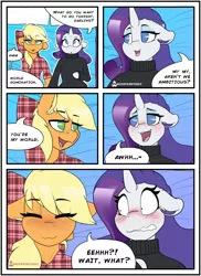 Size: 1280x1756 | Tagged: safe, artist:whisperfoot, derpibooru import, applejack, rarity, earth pony, pony, semi-anthro, unicorn, :3, bed, blushing, clothes, comic, cute, dialogue, ear fluff, ear freckles, embarrassed, eyes closed, eyeshadow, female, freckles, holding hooves, implied bdsm, innuendo, jackabetes, laying on bed, lesbian, looking at each other, lying down, makeup, mare, on bed, plaid, raribetes, rarijack, relaxed, relaxing, shipping, shocked, smiling, surprised, sweater, turtleneck