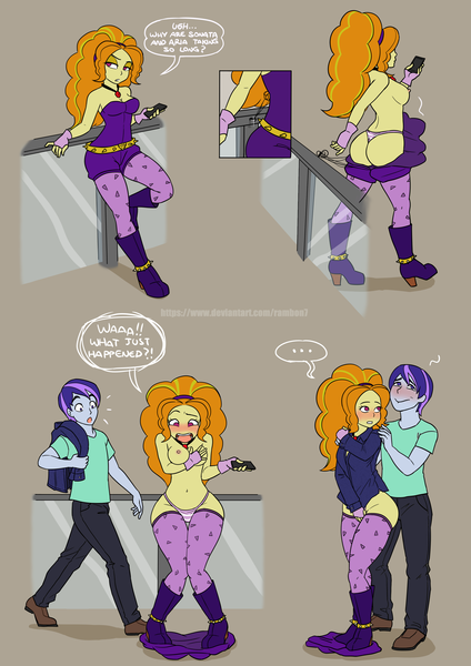 Size: 2480x3507 | Tagged: questionable, artist:rambon7, derpibooru import, adagio dazzle, oc, equestria girls, accidental exposure, adagio dat-azzle, ass, blushing, breasts, busty adagio dazzle, butt, clothes, comic, covering, embarrassed, embarrassed nude exposure, embarrassed underwear exposure, gem, leggings, lip bite, male, mobile phone, nipples, nudity, panties, partial nudity, phone, siren gem, striped underwear, stupid sexy adagio dazzle, thong, topless, underwear, wardrobe malfunction