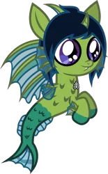 Size: 681x1098 | Tagged: safe, artist:lightningbolt, derpibooru import, oc, oc:demon hellspawn, unofficial characters only, hybrid, siren, .svg available, baby, baby siren, curved horn, fangs, fins, fish tail, floating, horn, interspecies offspring, leviathan cross, magical gay spawn, male, offspring, scales, simple background, slit eyes, solo, story included, svg, transparent background, vector