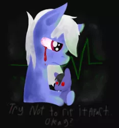 Size: 552x592 | Tagged: safe, artist:lucas47-46, derpibooru import, oc, oc:lucemi, unofficial characters only, earth pony, pony, blood, bloodshot eyes, crying, doll, electrocardiogram, male, solo, stallion, tears of blood, toy