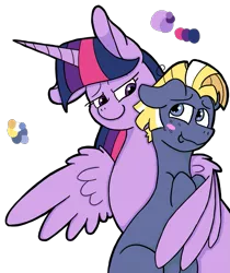 Size: 787x938 | Tagged: safe, artist:flamirasplitz, derpibooru import, star tracker, twilight sparkle, twilight sparkle (alicorn), alicorn, pony, blushing, cute, female, hug, looking at each other, male, shipping, straight, twitracker, winghug