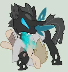 Size: 1200x1280 | Tagged: safe, artist:lucas47-46, derpibooru import, oc, oc:lucari eve, unofficial characters only, changeling, earth pony, pony, changeling feeding, clothes, draining, fangs, feeding, male, stallion