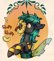 Size: 1776x1987 | Tagged: artist:lonerdemiurge_nail, changeling, changeling oc, derpibooru import, food, oc, oc:04, onomatopoeia, pineapple, safe, solo