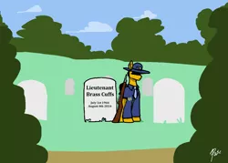 Size: 1106x794 | Tagged: safe, artist:thepascaal, derpibooru import, oc, oc:darren cuffs, pony, bush, campaign hat, chevrons, dress uniform, gravestone, graveyard, gun, necktie, police officer, ponyville police, rifle, weapon