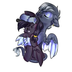 Size: 800x800 | Tagged: safe, artist:midnight_bats, derpibooru import, oc, oc:artemis, oc:mir, unofficial characters only, hippogriff, hybrid, pegasus, pony, beret, ear piercing, earring, female, hair wrap, hat, hug, jewelry, piercing, scrunchy face, simple background, squirming, transparent background, two toned wings, wings