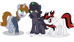 Size: 2824x1616 | Tagged: safe, artist:_vodka, derpibooru import, oc, oc:blackjack, oc:littlepip, oc:mir, unofficial characters only, pegasus, pony, unicorn, fallout equestria, fallout equestria: project horizons, fanfic, base used, beret, clothes, commission, embarrassed, fanfic art, female, grin, hair wrap, hat, hooves, horn, leaning forward, lightbringer, mare, missing cutie mark, open mouth, simple background, smiling, transparent background, vault suit, wings, ych result