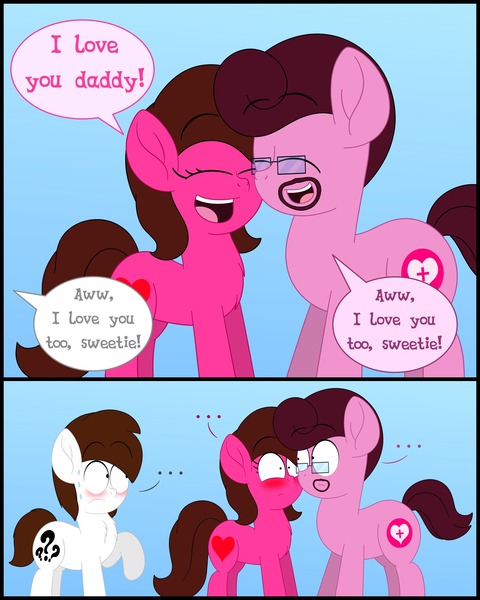 Size: 1300x1625 | Tagged: safe, artist:aarondrawsarts, derpibooru import, oc, oc:brain teaser, oc:rose bloom, pony, awkward, blushing, brainbloom, daddy kink, father and child, father and daughter, father's day, female, male, oc x oc, shipping, straight