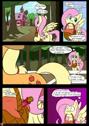 Size: 905x1280 | Tagged: safe, artist:teabucket, deleted from derpibooru, derpibooru import, applejack, fluttershy, earth pony, pegasus, pony, comic:poison apple, apple, apple tree, appleshy, basket, c:, comic, female, food, lesbian, mare, mouth hold, nervous, patreon, patreon logo, picnic basket, potion, shipping, shrunken pupils, smiling, sweet apple acres, thought bubble, tree, wavy mouth