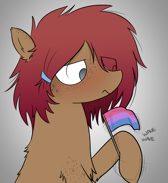 Size: 1468x1600 | Tagged: safe, artist:modocrisma, derpibooru import, oc, oc:sobakasu, earth pony, pony, bisexual, bisexual pride flag, bisexuality, blushing, chest fluff, embarrassed, fluffy, freckles, hairclip, lightly watermarked, long hair, looking away, male, ponysona, pride, pride flag, pride month, sweat, teenager, watermark, waving