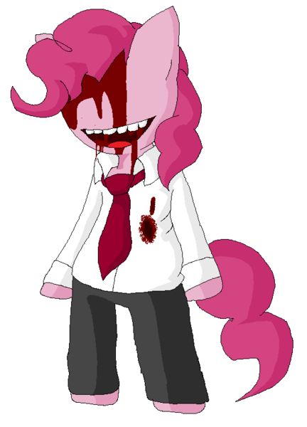 Size: 583x809 | Tagged: artist:lucas47-46, blood, clothes, derpibooru import, .flow, grimdark, kaibutsu, necktie, pants, pinkie pie, semi-anthro, shirt, solo