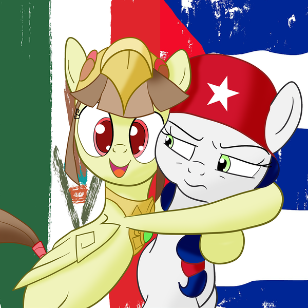 Size: 1500x1500 | Tagged: safe, artist:archooves, derpibooru import, oc, oc:cuba, oc:tailcoatl, ponified, earth pony, pegasus, pony, base used, cuba, cute, flag, gold cup, happy, hug, mexico, nation ponies