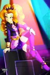 Size: 3333x5000 | Tagged: safe, artist:danmakuman, derpibooru import, adagio dazzle, equestria girls, equestria girls series, find the magic, spoiler:eqg series (season 2), adoragio, boots, bracelet, clothes, cute, eyeshadow, female, jacket, jewelry, leather jacket, lidded eyes, makeup, sexy, shoes, sitting, smiling, solo, spiked headband, spiked wristband, stupid sexy adagio dazzle, thigh boots, wristband