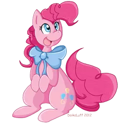 Size: 641x664 | Tagged: safe, artist:daikaluff, derpibooru import, pinkie pie, earth pony, pony, bowtie, cute, diapinkes, female, mare, open mouth, simple background, sitting, solo, transparent background