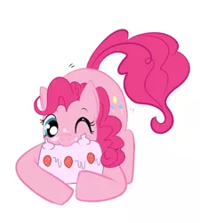 Size: 450x500 | Tagged: safe, artist:lulubell, derpibooru import, pinkie pie, pony, cake, cute, diapinkes, eating, face down ass up, food, messy eating, one eye closed, simple background, solo, white background