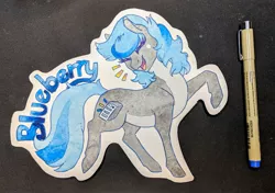 Size: 2048x1445 | Tagged: safe, artist:dojerodesigns, derpibooru import, oc, oc:blueberry, unofficial characters only, earth pony, pony, badge, commissar, commission, con badge, food, solo, traditional art